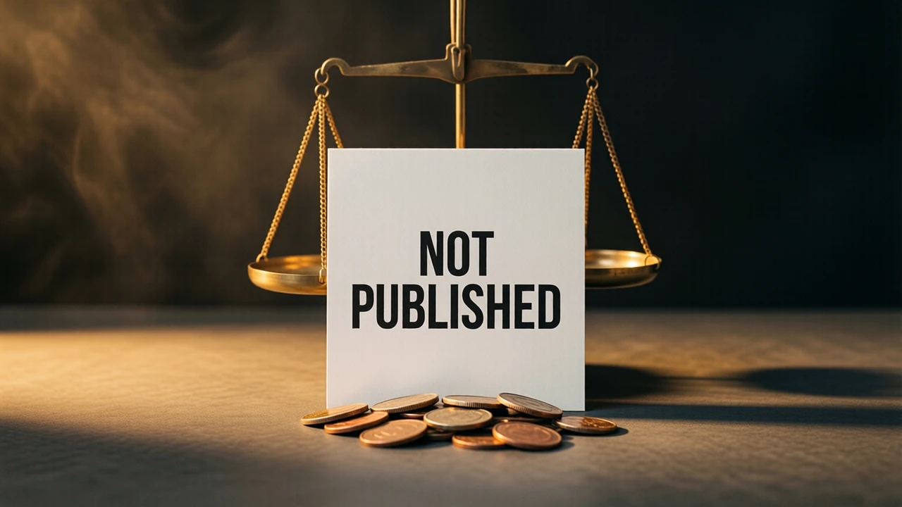 Stiff pale paper stood on end facing the lens, bearing only the words NOT PUBLISHED in dense black print, an empty pair of brass scales suspended behind it and a scatter of coins heaped where it meets the wood, warm lamplight grazing in low from the left, shadow drawn out to the right, everything past the lit patch sinking to black