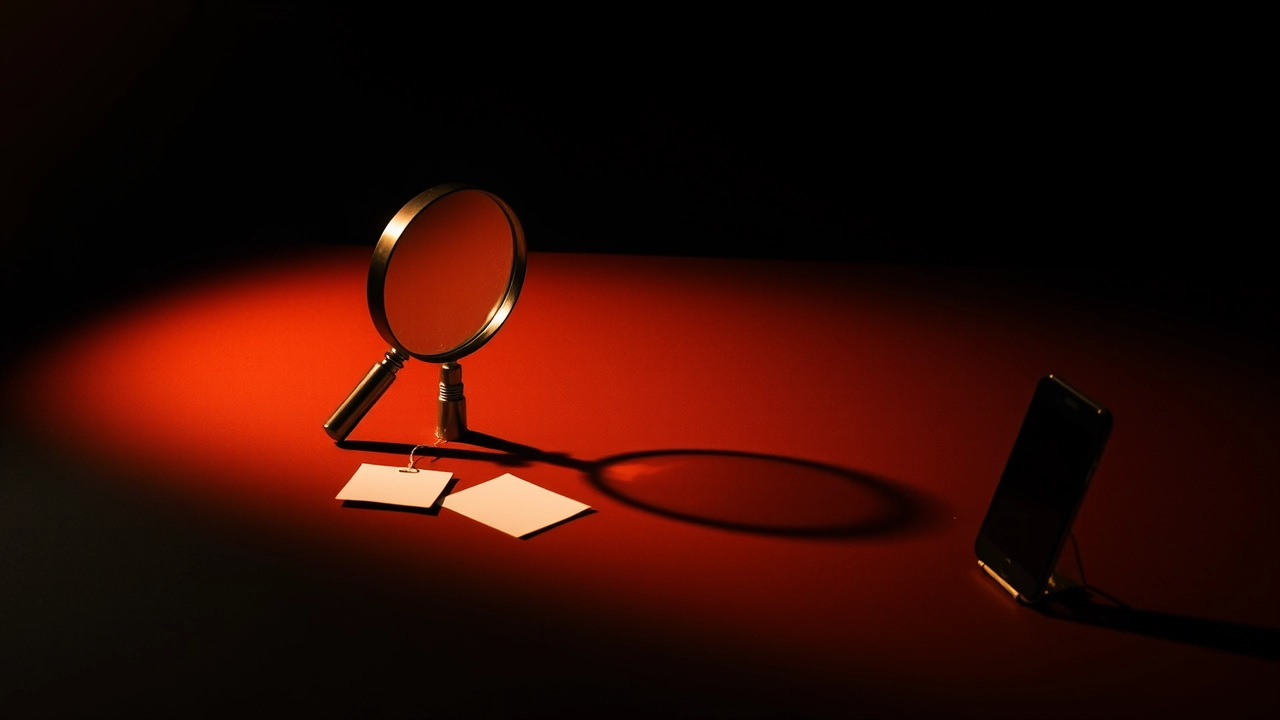 A magnifier balanced on its grip above a cleared tabletop, one unmarked card tag lying at its side, a single amber lamp low on the left stretching one shadow rightward over the emptiness, the background sinking to black