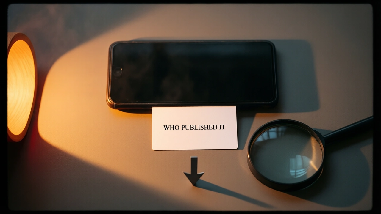 A dark handset face up on a bare tabletop viewed from straight overhead, pale stiff paper leaned against its near edge and turned flat to the lens written WHO PUBLISHED IT in thick black lettering, a magnifier set glass-down alongside, warm lamplight low on the left drawing one long shadow rightward, blackness at the frame's edges