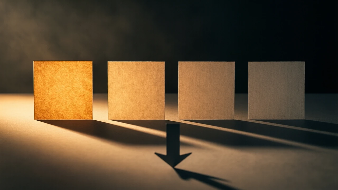 Four unmarked card tags set out in one line on a bare tabletop, evenly spaced and turned toward the lens, a single amber lamp low on the left picking out the fibre of them, four long shadows thrown rightward, the tabletop past them sinking to black