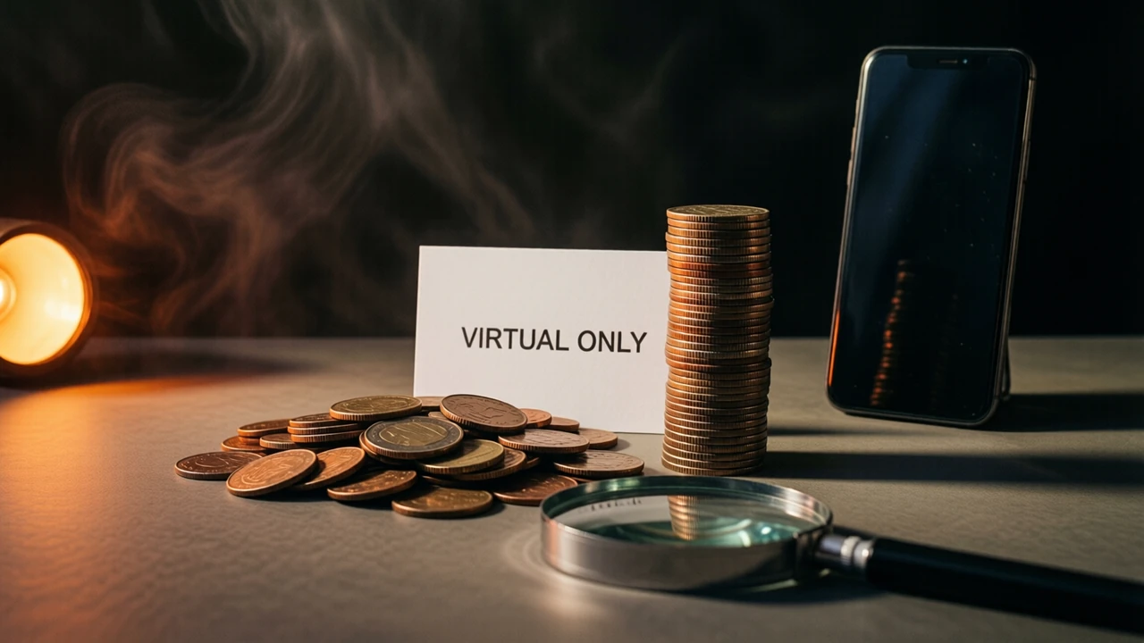 A loose heap of coins beside a taller ordered column of them on a bare tabletop, pale stiff paper stood upright behind both and turned flat to the lens labelled VIRTUAL ONLY in thick black lettering, a magnifier set glass-down nearer the lens, a single amber lamp low on the left, shadows drawn out rightward, blackness past the lit patch