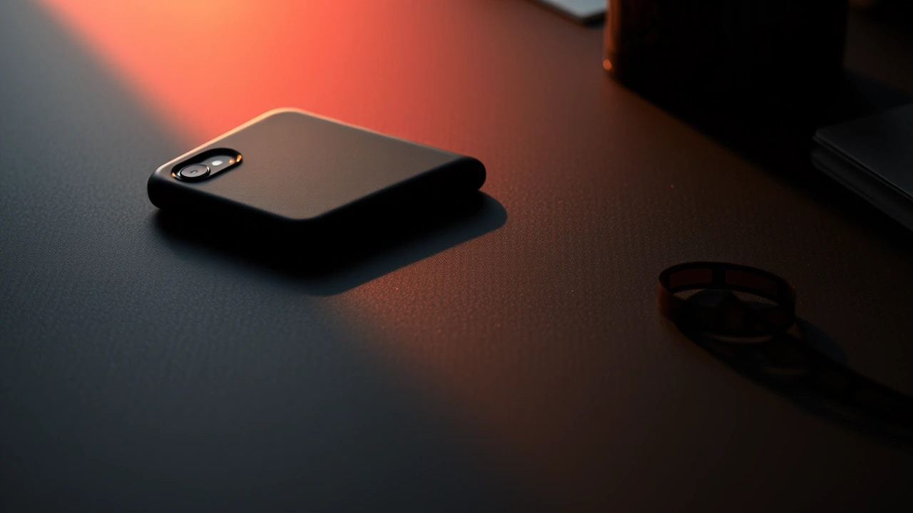 A dark handset face down on a bare tabletop beneath a single amber lamp low on the left, the back of its shell unmarked and without sheen, one soft shadow running forward and rightward, the rest of the tabletop sinking to black with fine dust picked out by the grazing light