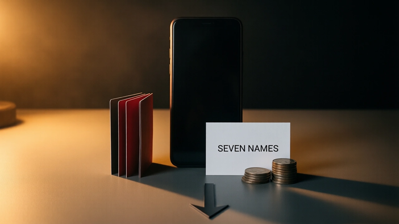 A dark phone upright on a bare tabletop, three stubby card strips propped on edge at its side, and a pale rectangle of stiff paper turned flat toward the lens on which is printed SEVEN NAMES in thick black lettering, a few coins piled where the paper meets the surface, a single amber lamp low on the left throwing everything into long shadow rightward, blackness past the pool of light