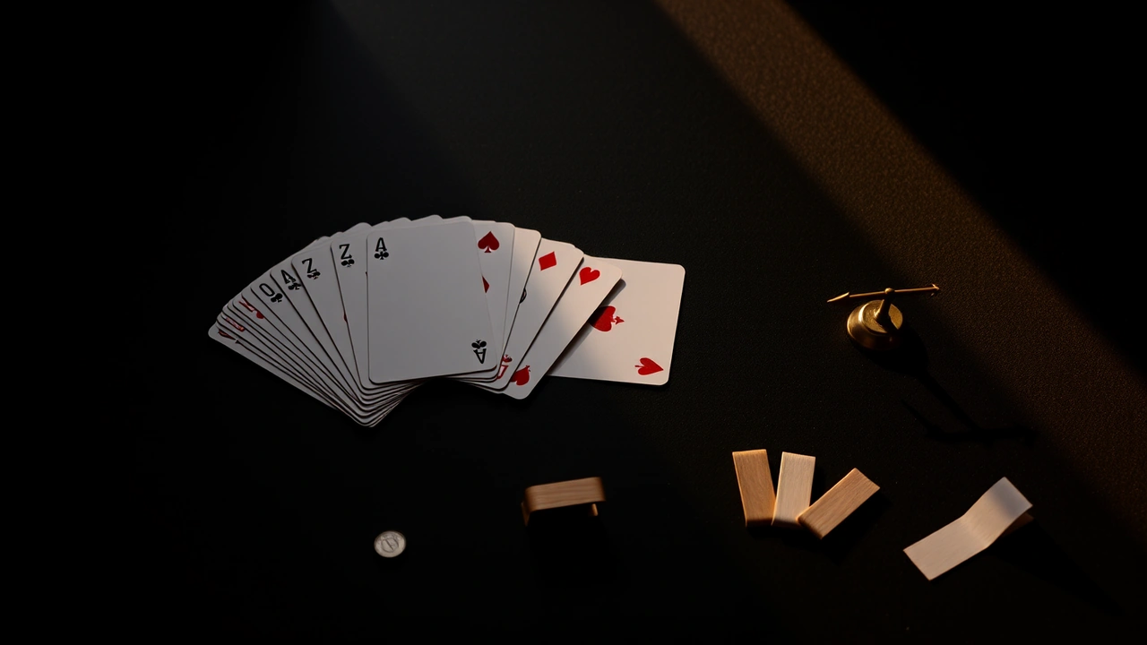 A fanned hand of plain playing cards lying face up on a dark matte tabletop, their pips and court faces turned up and no brand anywhere on them, a neat face-down pile beside them with one card turned face up, a short stack of small metal counters at the spread's edge, amber lamplight grazing in low from the left, long shadows drawn out to the right, blackness past the lit patch
