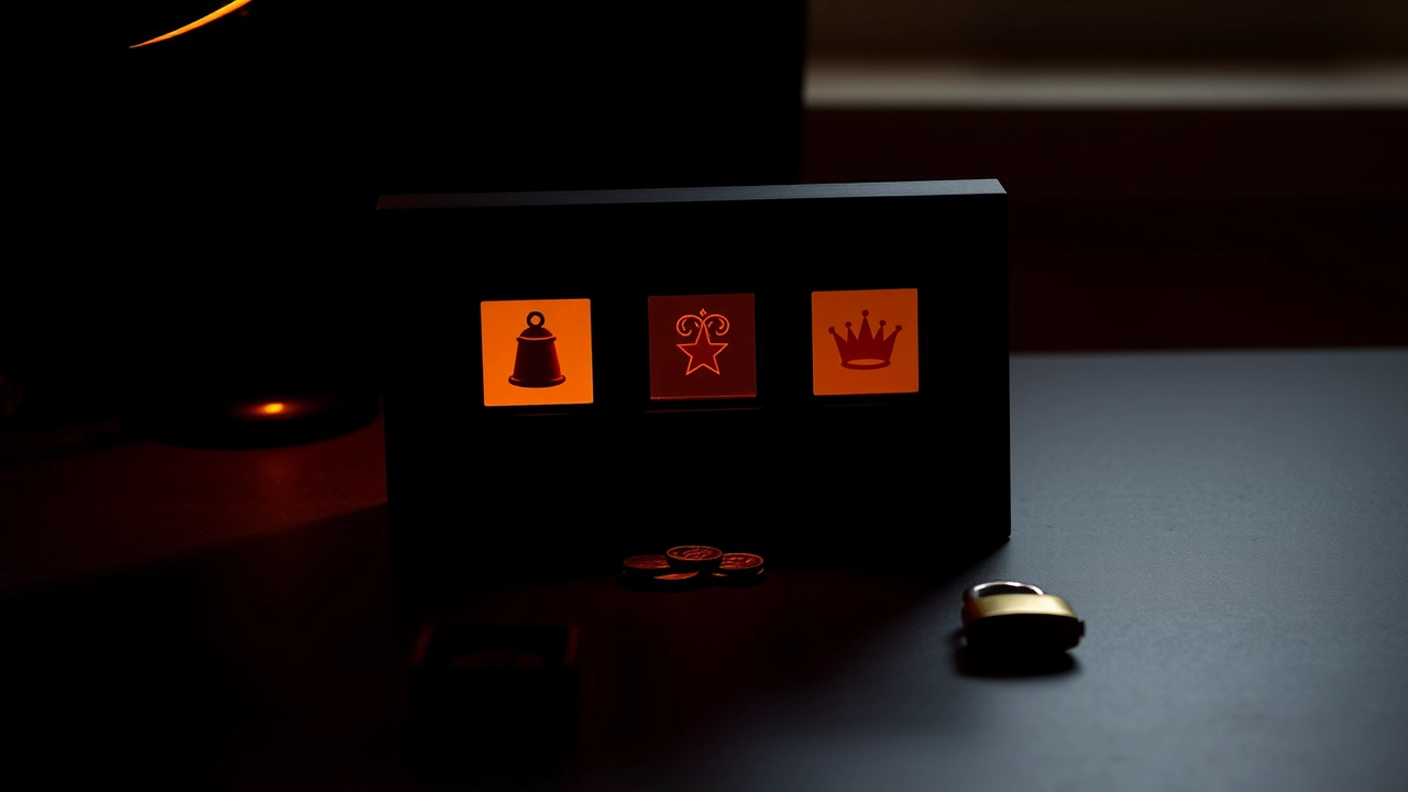 Three square windows side by side in a dark upright panel standing on a matte tabletop, each one holding a different simple emblem — a bell, a star, a crown — a short stack of small metal counters at the panel's foot, amber lamplight grazing in low from the left, long shadows drawn out to the right, blackness past the lit patch