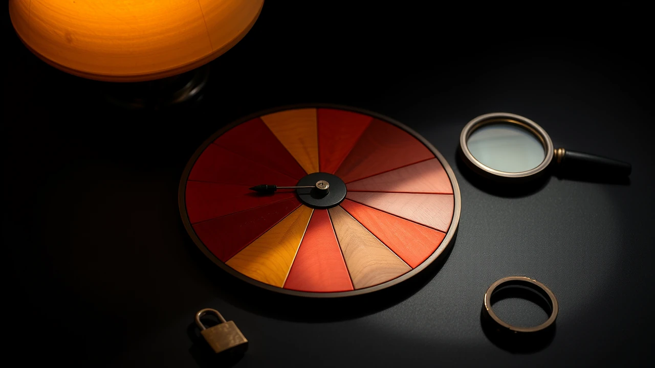 A flat segmented wheel lying face up on a dark matte tabletop, its wedges alternating warm amber and deep red, a small pointer resting against the rim, a round magnifier set glass-down beside it, amber lamplight grazing in low from the left, long shadows drawn out to the right, blackness past the lit patch