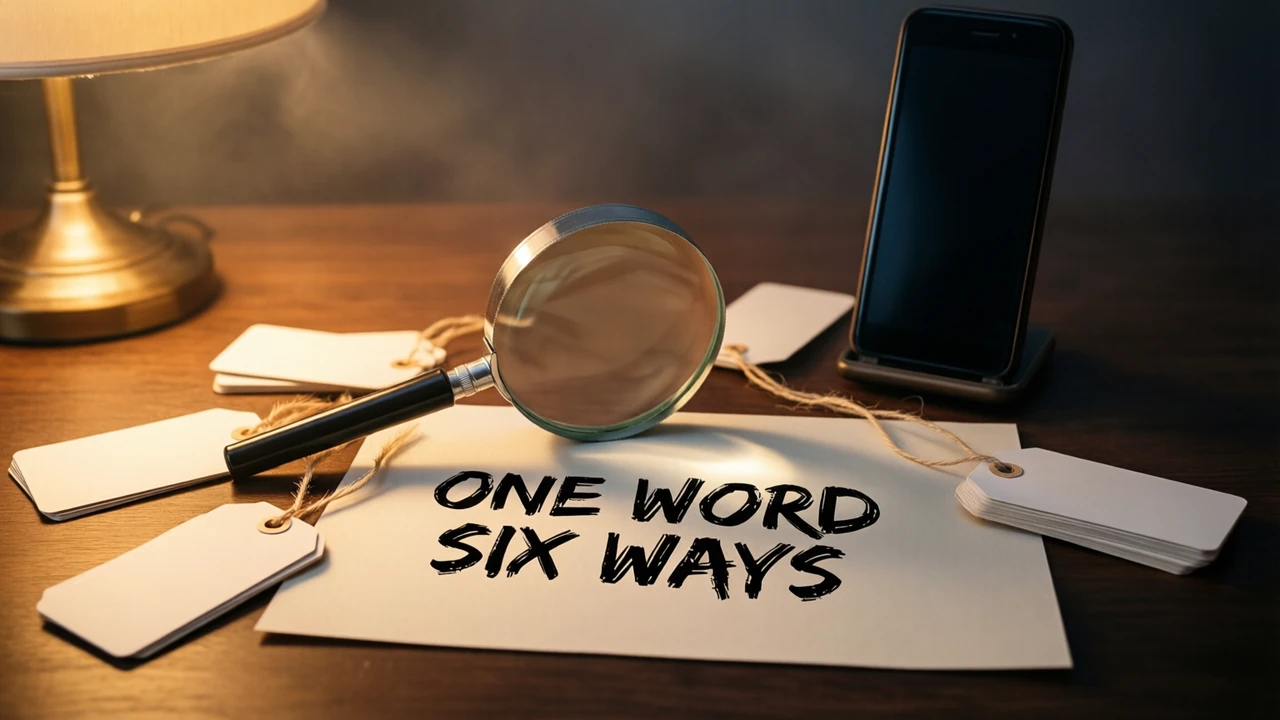 Pale stiff paper laid face up and parallel to the lens, which reads ONE WORD SIX WAYS in dense black ink, a magnifier balanced on its grip just behind, several unmarked card tags strewn loose about them, warm lamplight grazing low from the left picking out the fibre of the paper, shadows drawn out rightward, blackness past the lit patch