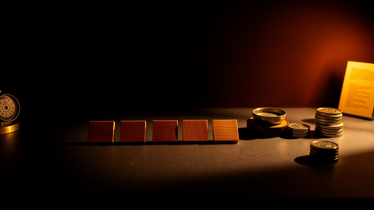 Seven bare wooden squares set out in one line across a bare tabletop, each balanced on its lower edge and slightly skewed, a magnifier resting glass-down where the line ends, a single amber lamp low on the left casting seven long shadows rightward, blackness past the lit patch