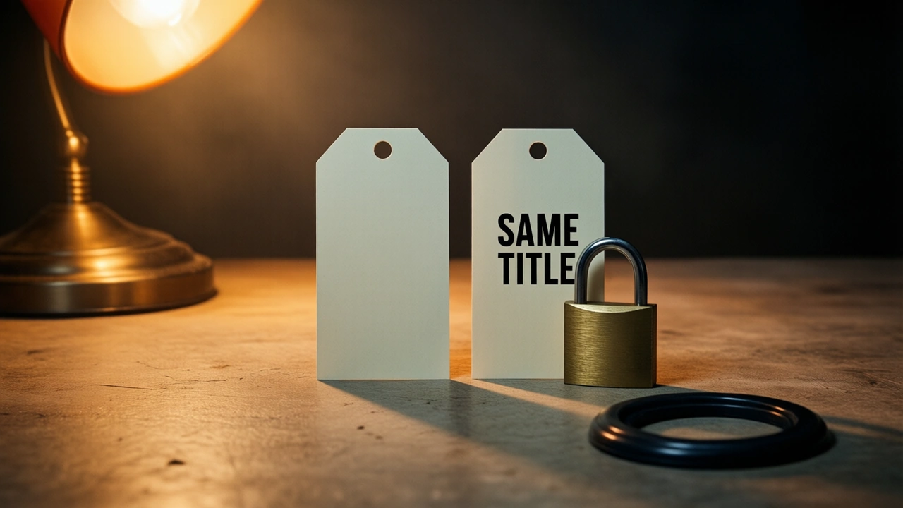 Two identical unmarked card tags stood side by side on a bare tabletop, a pale upright rectangle of paper between them turned flat to the lens and labelled SAME TITLE in thick black lettering, a shut brass padlock set down at its side, amber lamplight low on the left and shadow drawn out rightward over the grain, blackness past the lit patch