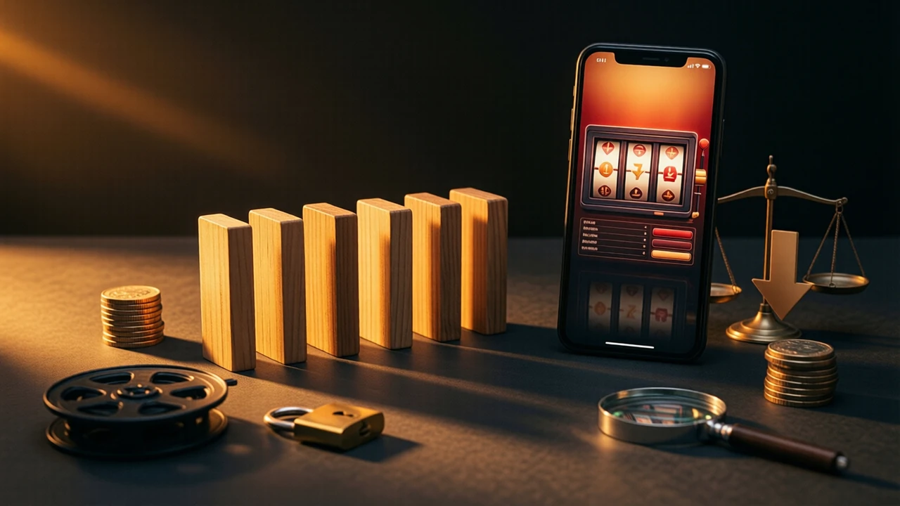Twelve bare wooden squares stood upright in two ranks inside a grooved holder on a bare tabletop, evenly spaced and all turned toward the lens, a single amber lamp low on the left, a bank of long shadows thrown out behind them to the right, the background sinking to black