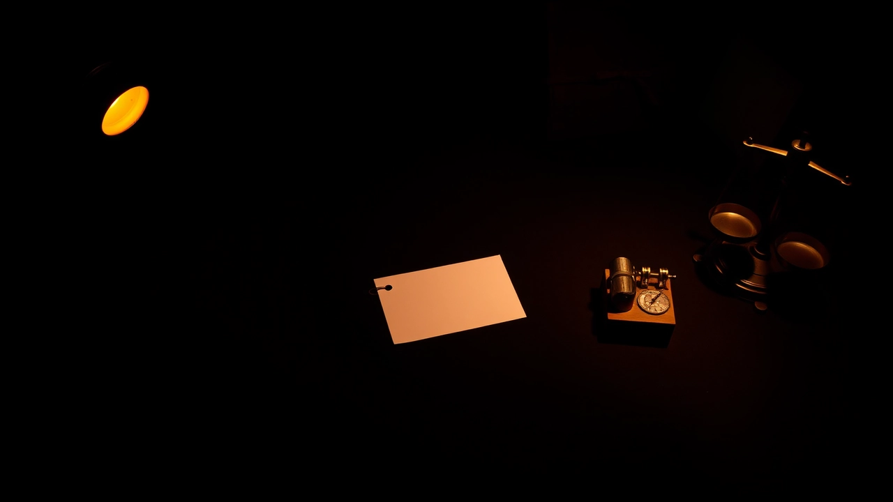 A cleared tabletop lit by a single amber lamp low on the left, one unmarked card tag lying by itself near the middle of the frame and throwing one soft shadow rightward, nothing else on the surface, the edges sinking to black