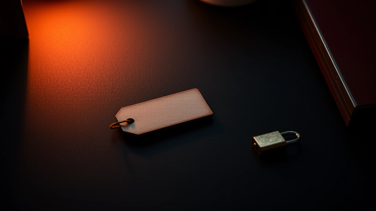 One unmarked card tag lying parallel to the lens on a bare tabletop beneath a single amber lamp low on the left, its edges catching the light and its fibre showing, one soft shadow reaching out rightward, the rest of the tabletop sinking to black