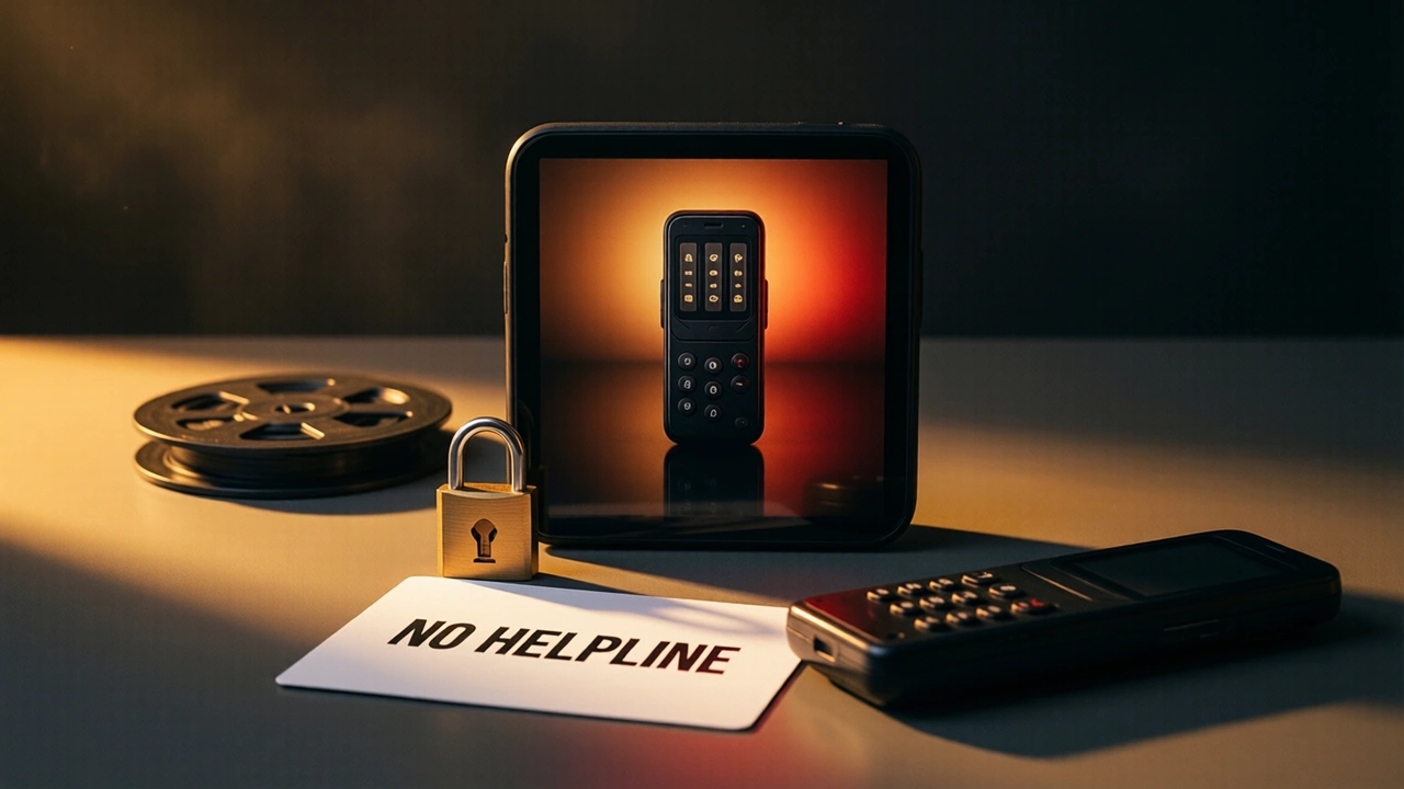 Pale stiff paper stood upright facing the lens on an otherwise cleared tabletop, on which is printed NO HELPLINE in dense black ink, a dark handset face down alongside and a shut brass padlock stood at the paper's edge, warm lamplight grazing low from the left over the emptiness, shadow reaching out rightward, blackness past the lit patch