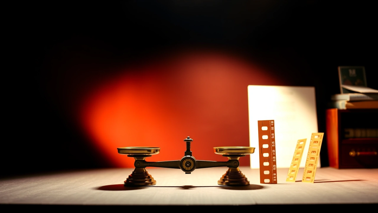 A pair of brass scales stood by themselves on an otherwise cleared tabletop with nothing in either pan, a single amber lamp low on the left catching the brass, one shadow reaching out rightward, the background sinking to black