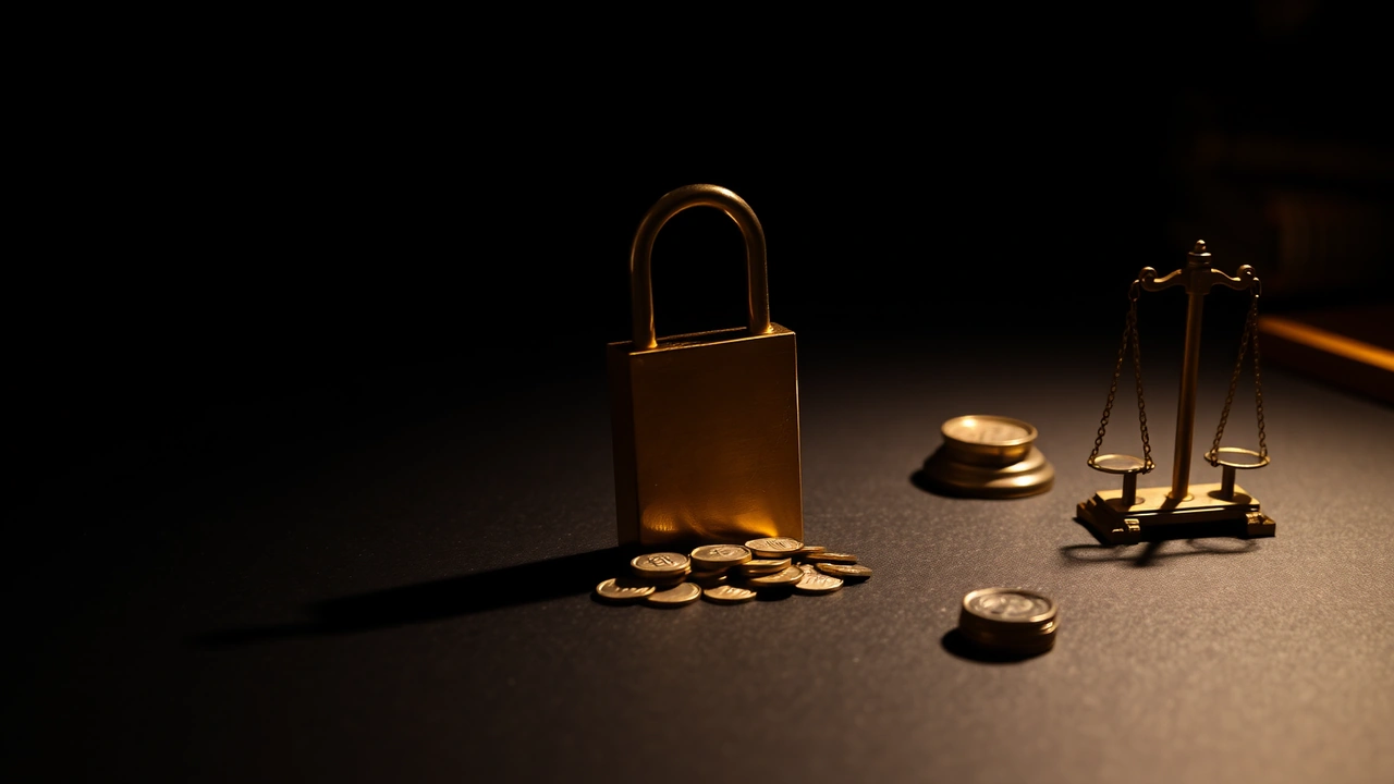 A shut brass padlock stood on end on a bare tabletop beside a loose heap of coins, a single amber lamp low on the left catching the brass, one shadow reaching out rightward over the emptiness, blackness at the frame's edges